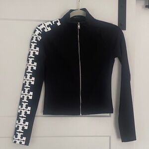 Tory Burch Black Zip-Front Women's Jacket with White Logo-Accent Sleeve Small